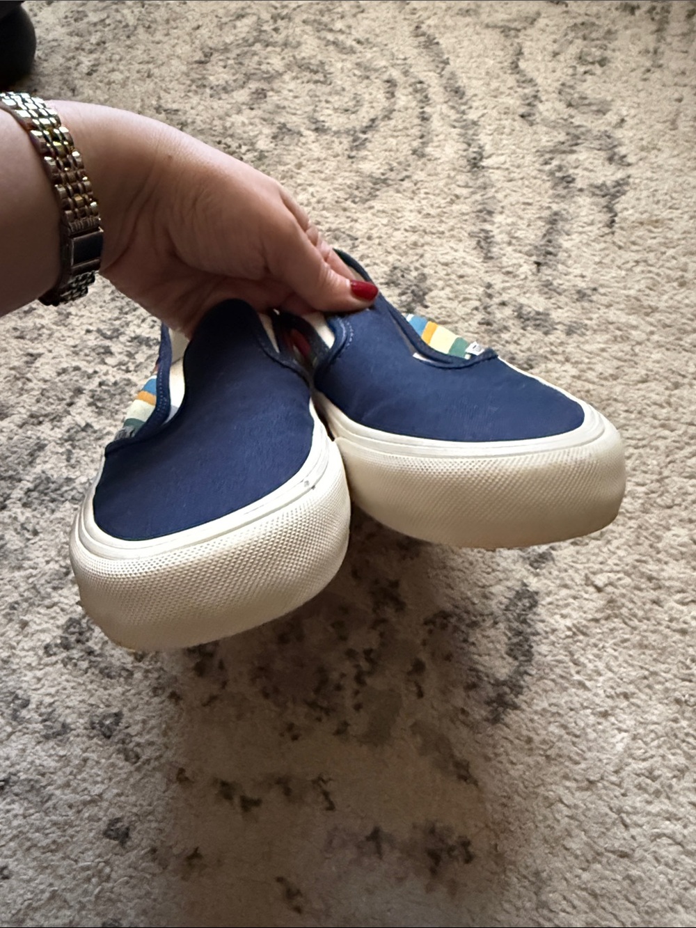 Vans Navy Slip-On with Rainbow Stripe Accent (women’s 7.5; men’s 6) - Picture 3 of 8